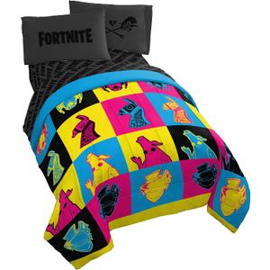 Jay Franco Fortnite Neon Warhol 5 Piece Full Bed Set - Includes Comforter & Sheet Set - Bedding Features Llama, Peely, & Vertex - Super Soft Fade Resistant Microfiber (Official Fortnite Product) (Multi - Fortnite)