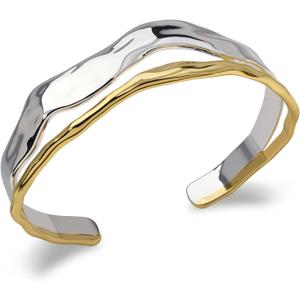 Chunky Gold and Silver Cuff Bracelets Sterling Silver Two Tone Open Bangles Double Layer Irregular Wave Hammered Texture Bracelet for Women