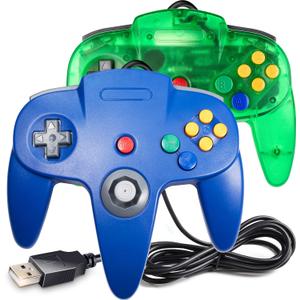 2 Pack Classic N64 Controller, suily N64 Wired USB PC Game pad Joystick, N64 Bit USB Wired Game Stick Joy pad Controller for Windows PC MAC Linux Raspberry Pi 3 Sega Genesis (Clear Green/Blue)
