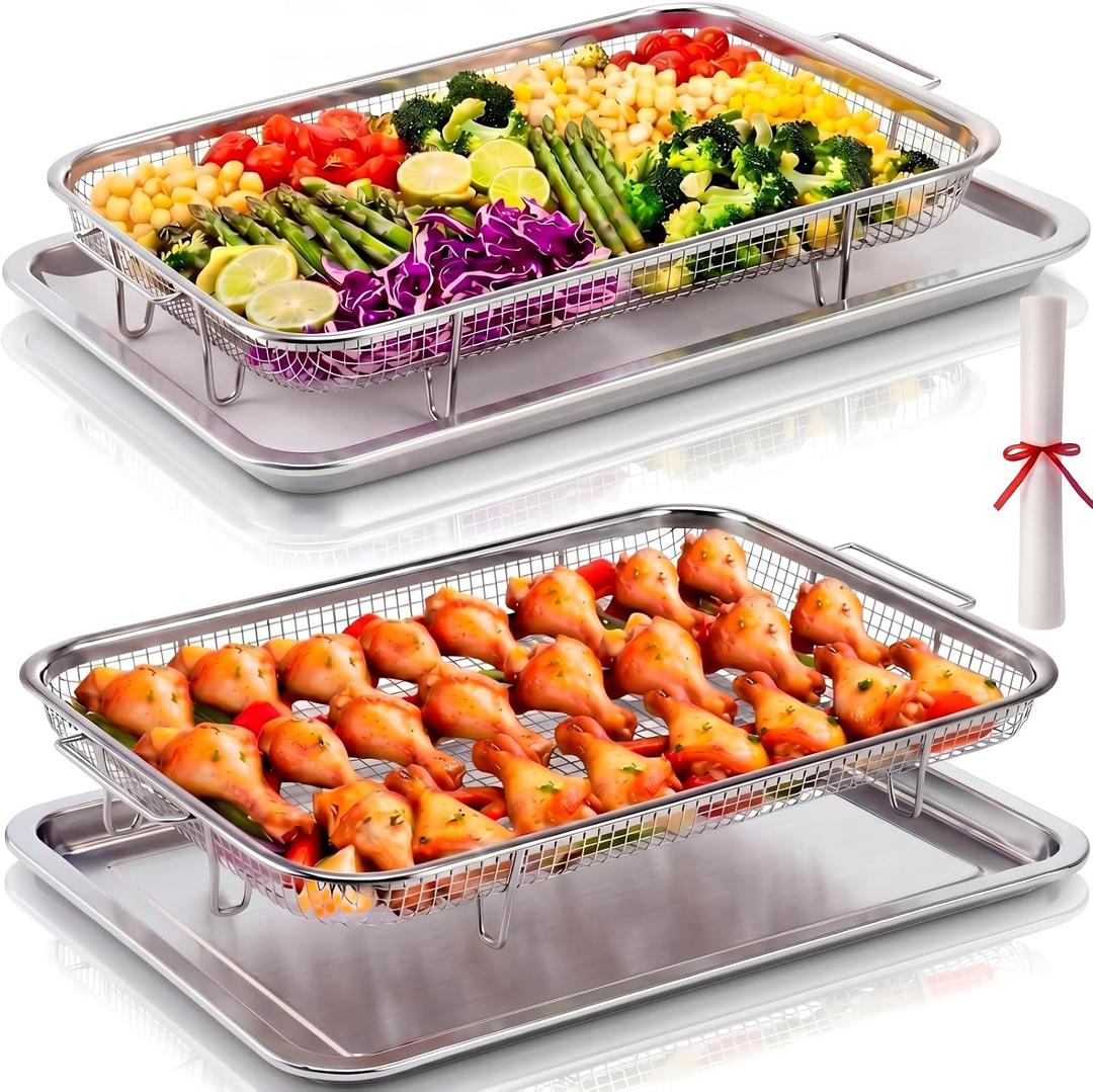 2 Set Extra Large Air Fryer Baskets for Oven 18.5" x 12.8" Stainless Steel Air Fryer Basket and Tray with 50 Pcs Parchment Papers Baking Sheet for Grilling Cooking Dishwasher and Broiling