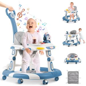 Baby Walkers, 5-in-1 Multifunctional, Height Adjustable, Foldable, Activity Center with Wheels &Music &Toys Tray, Infant Toddler Walker for Boys and Girls 6-24 Months(Blue)