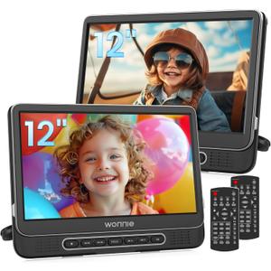 WONNIE 12" Dual Car DVD Players Portable DVD Players for Car Headrest Play a Same or Two Different Movies with 5-Hour Rechargeable Battery, Mounting Brackets, All Region, Support USB/Sync TV