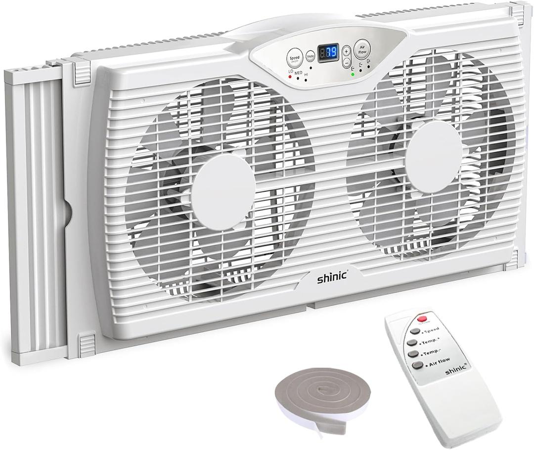 shinic Twin Window Fan with Reversible Airflow, Thermostat Controlled, 3 Speeds & 3 Functions(Exhaust, Intake & Circulate), 23.8" - 37" Expandable Width for Home Kitchen Use, 23.8"W x 4.0"D x 12.2"H