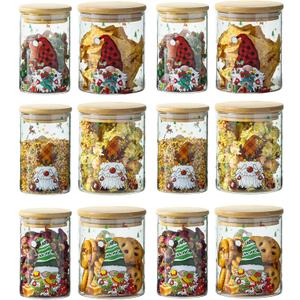 wangsdjy Christmas Glass Jars with Bamboo Lids - Glass Pantry Storage Containers with Lids for Winter Xmas, Christmas Kitchen Decor, Cookie jar & Candy Jars-set of 12 (6 Large & 6 Small)