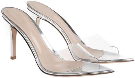 Women'S Clear Pointed Open Toe Stiletto Heel Slide Sandals Fashion Sexy Slip On Transparent Strap High Heels Mules Summer Backless Party Wedding Prom Dress Shoes (Silver) size 42