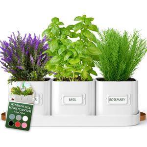 volila Herb Planter Indoor - Set of 3 Warmstone Indoor Herb Garden Pots for Plants with Leather Handled Tray - Window Sill Plant Shelf - Herb Pots with Drainage Holes and Labels