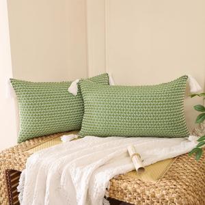 Tosleo Boho Spring Decorative Throw Pillow Covers 12 x 20 Set of 2 Farmhouse Cute Stripe Pillowcase with Tassels Minimalist Neutral Green Woven Square Cushion Case for Sofa Couch Bedroom Living Room