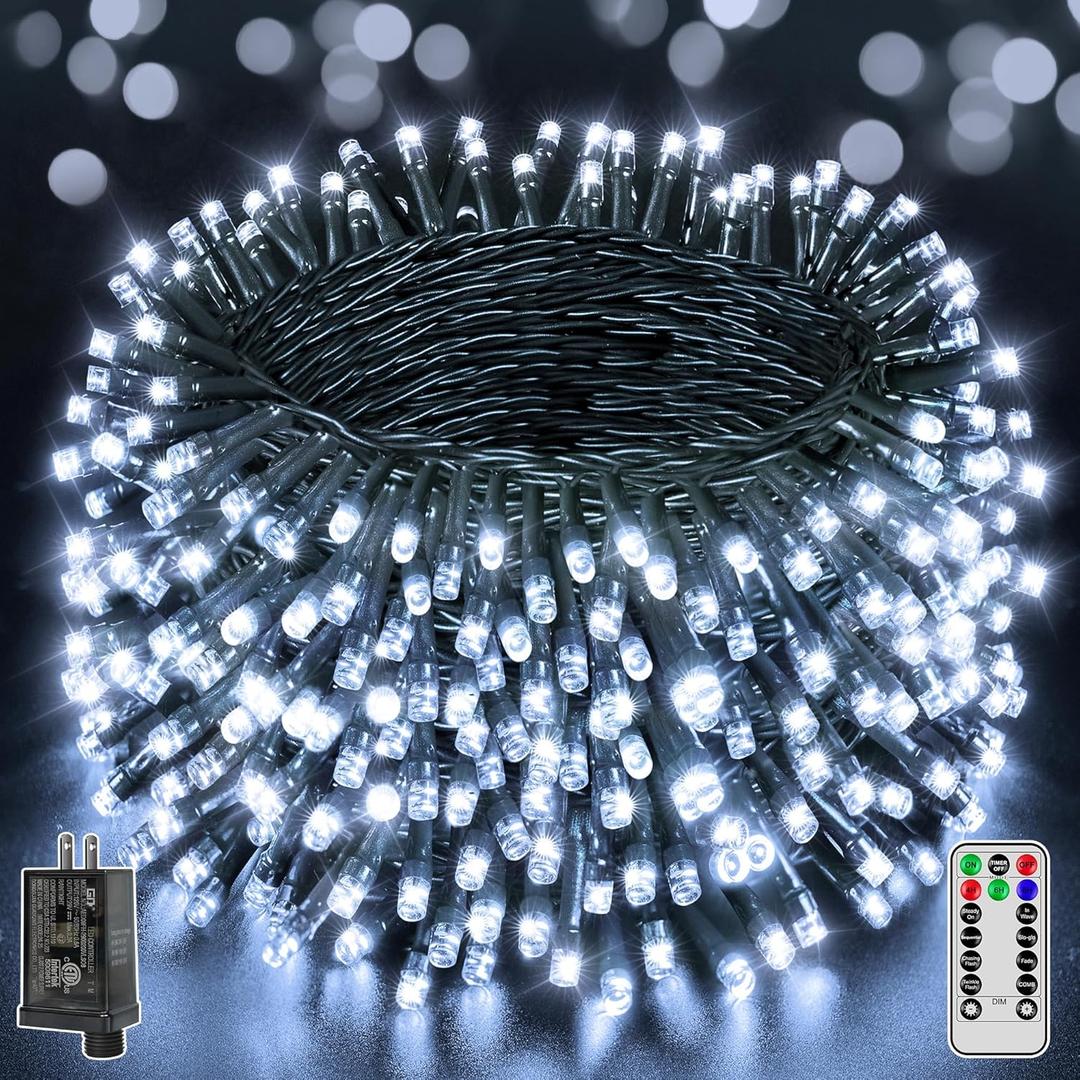 1000 LED 328 FT Outdoor String Lights with Remote and Timer, Dimmable with 8 Modes, Waterproof, Cool White Fairy Lights for Christmas Tree & Holiday Decor, Cool White