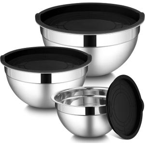 LIANYU Mixing Bowls with Lids Set of 3, Large & Small Stainless Steel Nesting Metal Bowls for Kitchen Storage, Dishwasher Safe, Size 1.5QT & 3QT & 4.6QT, Black