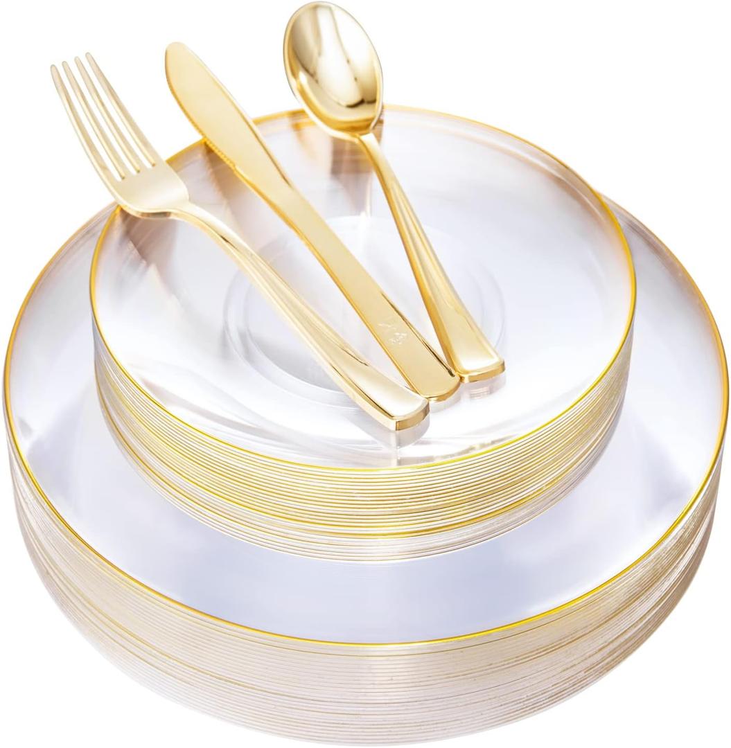 Nervure 125PCS Clear Gold Plastic Plates - Clear Plastic Plates with Gold Rim Include 25 Dinner Plate, 25 Dessert Plate, 25 Forks, 25 Knives, 25 Spoons for Wedding & Party & Thanksgiving