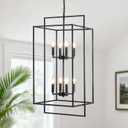 8-Light Matte Black Lantern Chandelier, 15" High Ceiling Modern Farmhouse Pendant Light Fixture, Powder-Coated Double Tiered Entryway Lighting for Foyer, Dining Room & Staircase