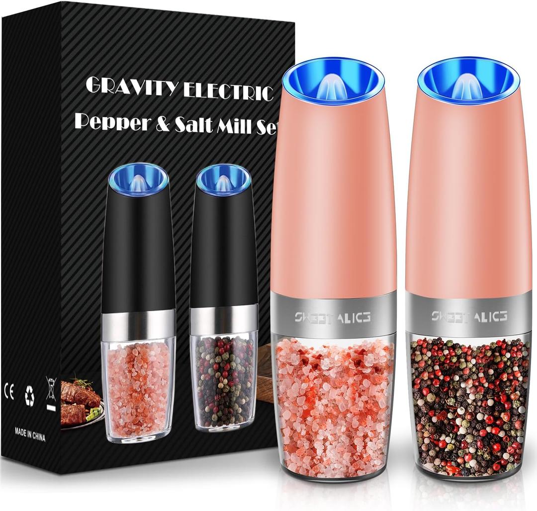 Sweet Alice Gravity Electric Pepper and Salt Grinder Set, Adjustable Coarseness, Battery Powered with LED Light, One Hand Automatic Operation, Coral, 2 Pack (2.5*2.5*7.9inch)