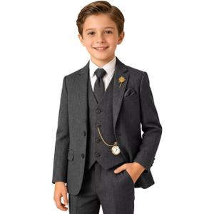 Herringbone Tweed 3 Piece Boys Suits Wool Blend Formal Party Dinner Tuxedo Set Suit Jacket Blazer Vest Pants for Boy Kids Child Dark Grey Gray (3T)