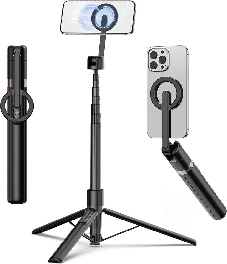 TONEOF 68" Magnetic Selfie Stick Tripod with Aluminum Strong Magnetic Holder for Magsafe, 360 Rotatable Travel Phone Tripod Stand with Metal Ring & Rechargeable Remote for iPhone/AndroidBlack
