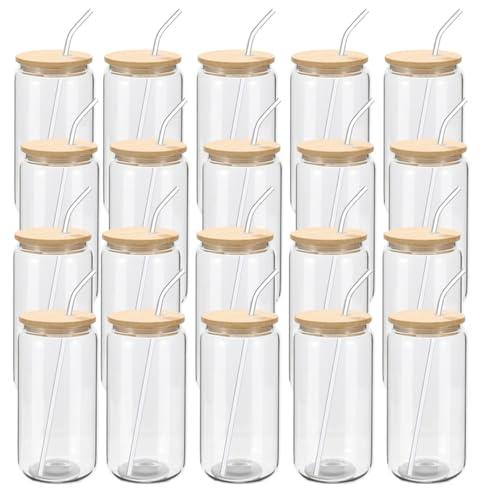 YOUKE OLA 20 Pack Glass Cups with Bamboo Lids and Glass Straw 16oz Beer Can Shaped Drinking Glasses Cups, Glass Tumbler Reusable Cute Cups for Whiskey, Iced Coffee, Tea, Soda, Cocktail, Gift, Clear