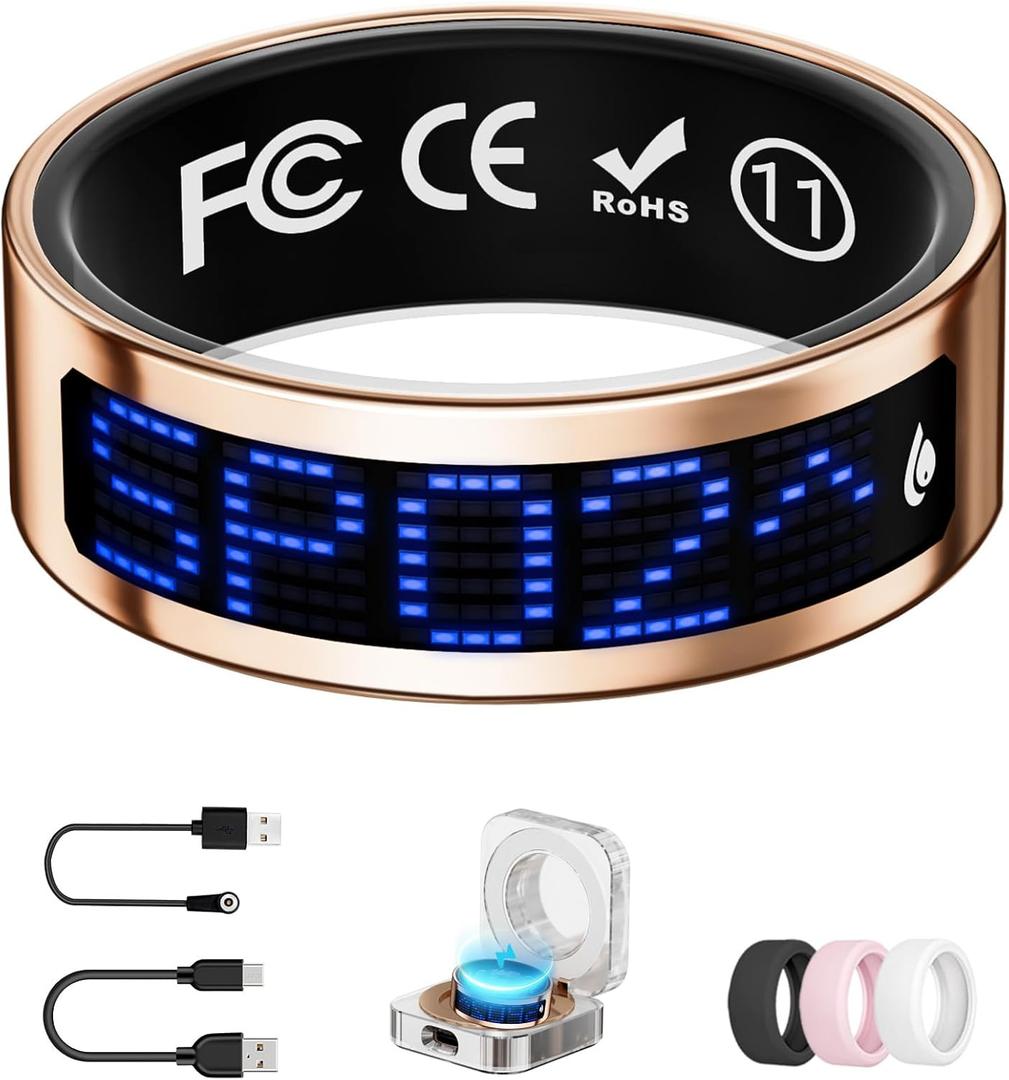Smart Ring for Women & Men with Display, Health Ring with Heart Rate, Sleep Monitor, IP68 Waterproof Fitness Ring, Fitness Tracker Ring, No APP Fee for iPhone and Android (Rose Gold, 11#)