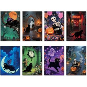 24 Pack Black Cat Halloween Greeting Cards Set, Boxed Spooky Season Gift for Friends Family, 8 Cat-Themed Halloween Cards Bulk With Envelopes and Stickers, 4x6in