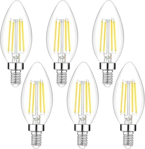 6-Pack Dimmable E12 LED Candelabra Bulbs 40Watt Equivalent, 5000K Daylight White, 450Lumens, 4W B11 Vintage Chandelier Light Bulbs, LED Filament Clear Glass Candle Lamp for Ceiling Fan Home Decor