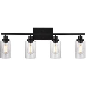 Black 4-Light Bathroom Light Fixtures with Seeded Glass Shade, 31-Inches Length Farmhouse Vanity Lights Over Mirror for Cabinet Kitchen Bedroom