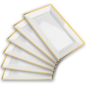 Elegant Plastic Serving Tray & Platter Set (6pk) - White & Gold Rim Disposable Serving Trays & Platters for Food - Weddings, Upscale Parties, Dessert Table, Cupcakes - 8 x 12.85 inches