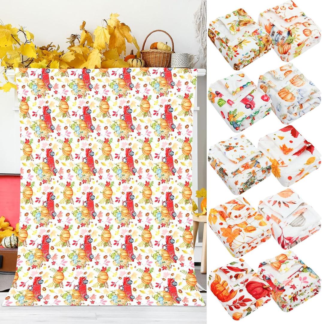 10 Pcs Fall Thanksgiving Throw Blankets Bulk Autumn Flannel Blankets Pumpkins Leaves Printed Fleece Soft Warm Blanket Thanksgiving Gifts for Farmhouse Couch Bed Sofa Chair (40 x 51 Inch)
