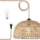 Plug In Pendant Light Hanging Lights With Plug In Cord Dimmable Rattan Hanging Lamp Wicker Woven Basket Lampshade Farmhouse Industrial Boho Plug In Ceiling Light Fixture For Living Room Kitchen