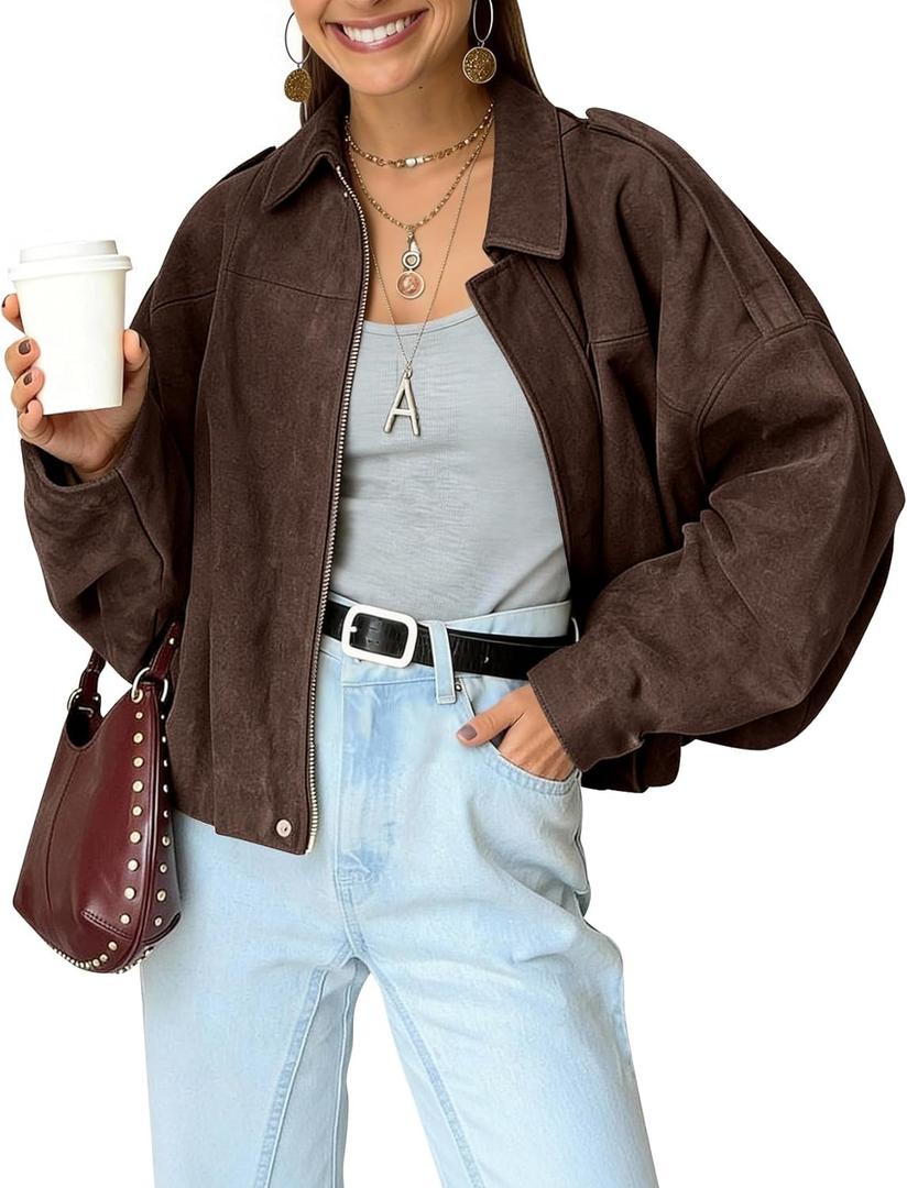 Kissonic Womens Faux Suede Bomber Jacket Oversized Batwing Long Sleeve Zip Up Cropped Coat Streetwear (Brown, Small)