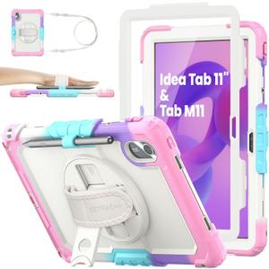 SEYMAC stock Case for Lenovo Idea Tab 11'' 2025/ Tab M11 2024/ K11 (TB336FU/TB330FU), Drop-Proof Case for Lenovo 11 inch with 360 Rotate Stand/Strap [Pen Holder] & Screen Protector, Beige+Pink