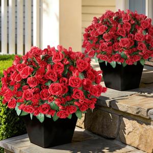 16 Bundles Artificial Roses for Front Door Outdoor Decor, Realistic Fake Silk Bouquets Flowers Faux UV Resistant Real Looking Rose Plants for Garden Balcony Farmhouse Home Spring Summer Decor (Red)