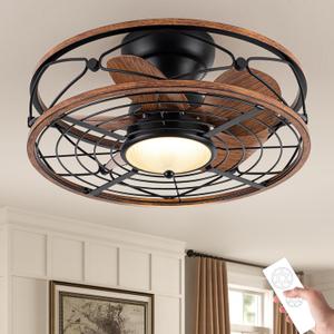 TIFEROR 20'' Low Profile Ceiling Fans With Light, Flush Mount Caged Ceiling Fan With Remote Control, Reversible Motor With Low Noise And Energy Efficient, 3 Color LED (XDK)