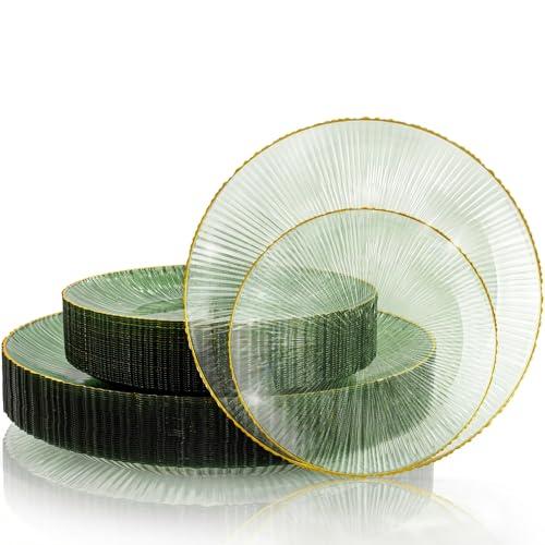 DaYammi 60Pcs Sage Green Plastic Plates with Gold Rim,Disposable Plates Set Includes 30 Dinner Plate & 30 Salad Plate,Fancy Green Party Plates with Radial Texture for Party Wedding Dinner