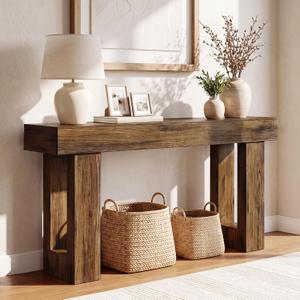 LITTLE TREE 63 Inches Long Sofa Table, Industrial Console Table for Entryway, Wooden Sofa Table for Living Room, Behind Couch Table, Rectangle Hallway Foyer Table for Entrance, Rustic Brown