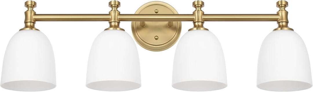 Gold Bathroom Vanity Light, 4-Light Bathroom Light Fixtures Over Mirror, Traditional Vanity Lights for Living Room, Milk White Bell Glass Shades, Standard E26 Base, Aged Brass