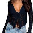 Women's Sexy Open Front Tie Long Sleeve Ruffle Trim Sheer Mesh Lace Crop Tops Blouses (Large, Black)