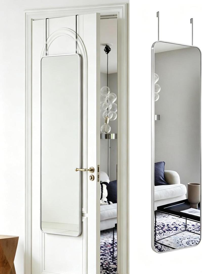 DMWOODFL 48"x14" Rounded Rectangle Over The Door Mirror - Full Length Tempered Glass & Aluminum Frame, No Drill Installation for Bedroom, Bathroom, Closet, Entryway (Silver White)