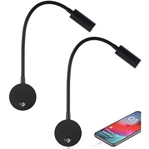 Dimmable RV Reading Light with USB Charging Port, DC 12V RV Interior Lights, Flexible LED Light Fixtures, Designed for Camper, Van, Boat and Motorhome, 2 Pack(Black)