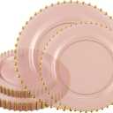 PLASTICPRO 32 Piece Combo Plastic Dinner Plates Disposable Plastic Fancy Heavy Duty Party Dishes 7 inch and 10 inch, Translucent Rose and Gold Beaded