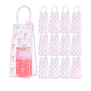 Sweetude 12 Pcs Pink Bow PVC Clear Gift Bag with Handle Ribbon Bowknot for 12oz 16oz 20oz Drinking Glasses Jars Tumbler Treat Gift Bag Reusable Bowtie Coquette Aesthetic Wedding Birthday Favor