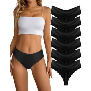 Seamless Thongs for Women Mid Rise No Show Ladies Thong 6 Pack (Black, M)