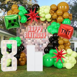 ECEAE 140Pcs Green Balloon Arch Garland Kit with Lime Green Brown Black Square Star Foil Balloons for Gaming Theme Party Decor, Birthday Party Supplies, Kids' Party Crafts and Decorations
