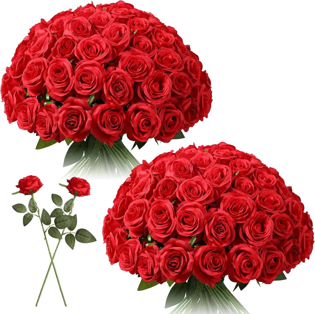 Tifuly Red Roses Artificial Flowers Bulk - 50 Pcs Realistic Long Stem Fake Silk Roses Bouquet for Wedding Centerpiece Table Vases Party Home Kitchen Decor (Red-50)