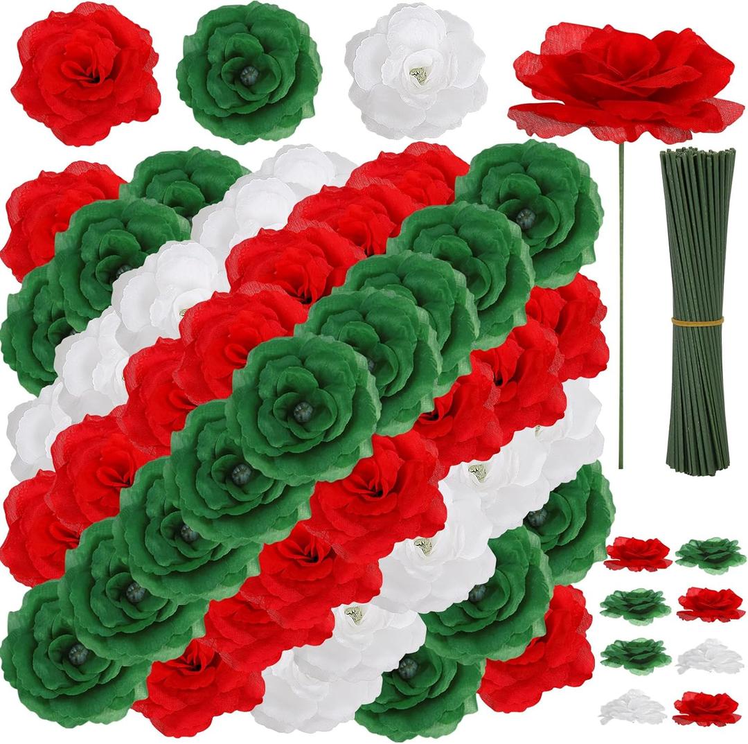 108pcs Roses Head Flowers with Stem - Red & Green White Italian Artificial Flowers Rose Bulk - Silk Rose Fake Flower for Mexico Italy Bridal Wedding Bouquet Baby Shower Centerpieces Christmas Decor