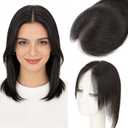 Hairro Real Hair Toppers For Women Short Small Wiglet Hairpieces Natural Invisible No Bang Middle Part Side Bangs Hair Clip 12 Inches 19g #1B Natural Black