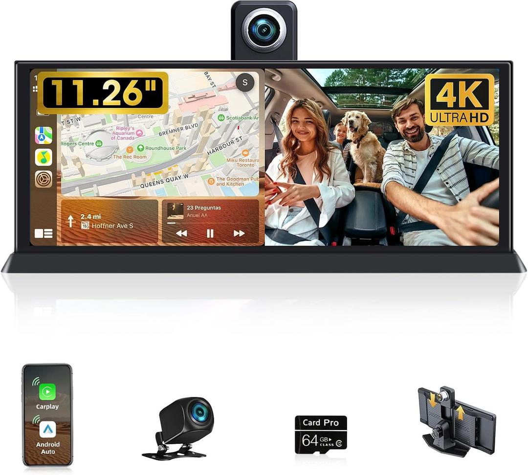11.26" Largest Car Tablet Pro Max 2025 Carplay Screen for Car 4K Dash Cam 350 Rotatable CameraCust-omized Bracket Apple Car Play & Android Auto Screen w Bluetooth Audio Mirror Link Video