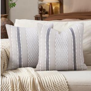 Boho Neutral Throw Pillow Covers Set of 2, 18x18 Inch Farmhouse Striped Cotton Chenille Decorative Pillow Covers for Couch, Sofa, Living Room (White & Grey)