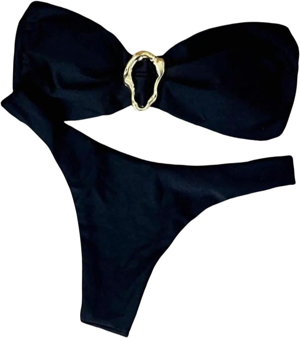 QJQ Women's Bandeau Swimsuits Strapless Tie Back Bikini Sets High Cut Cheeky 2 Piece Bathing Suit Swimwear (Black)