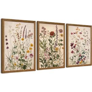 AVECCO Vintage Color Wildflower Canvas 3 Pieces Wall Art, Nature Floral Artwork Wall Decor, Botanical Art Prints for Bedroom Living Room Office Home Decoration Ready to Hang 20x30 Inch Wood Framed
