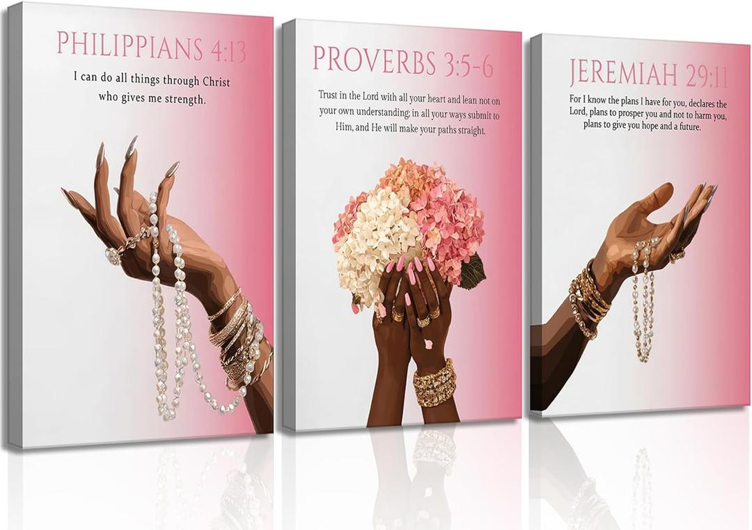 3Pcs Pink Christian Canvas Wall Art Black Girl Fashion Scripture Religious Posters Prints Preppy Bible Verse Pictures Wall Decor for Girl Room Bedroom Home Living Room Decorations Ready to Hang