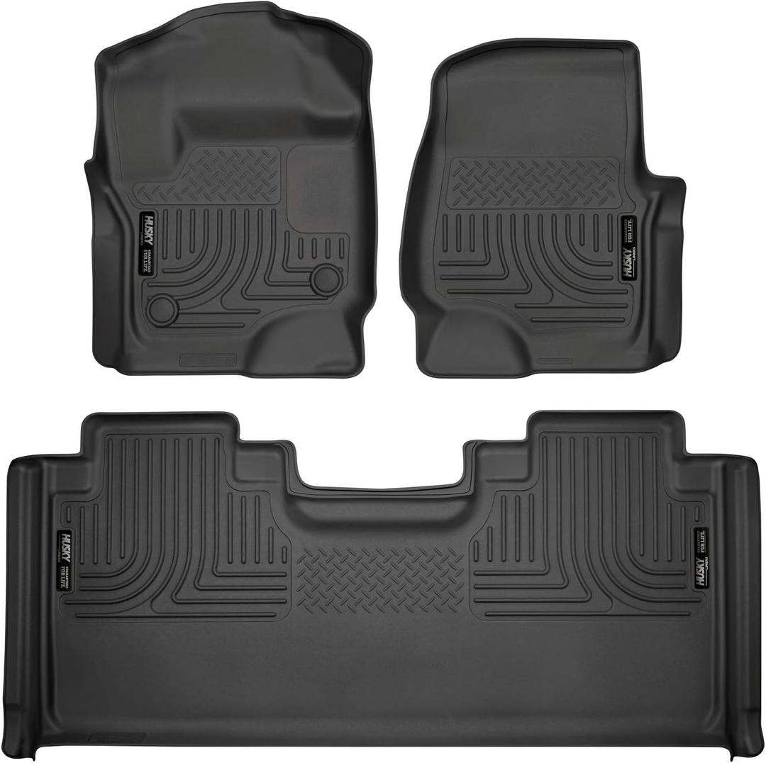 Husky Liners Weatherbeater Floor Mats | Fits 2017-2026 Ford F-250/F-350 SUPERCAB ONLY with Factory Carpet Without Fold Flat Storage | Front & 2nd Row, 3-pc Black - 94071
