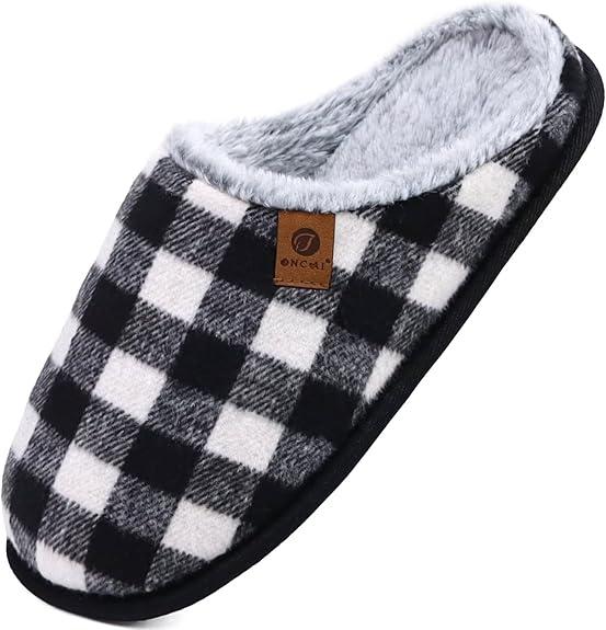ONCAI Men's House Slippers Memory Foam Slip-On Warm Cozy Scuff Home Bedroom Shoes with Indoor/Outdoor Rubber Soles US Size 7 Plush Black/White